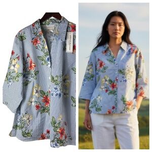New Alfred Dunner Blouse Shirt Top Button Down Sz 1X 16 18 Floral Blue Cottage